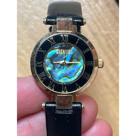 Women's GITANO Gold Tone Abalone Shell Dial Watch, Black Band. Roman numerals - Picture 1 of 9